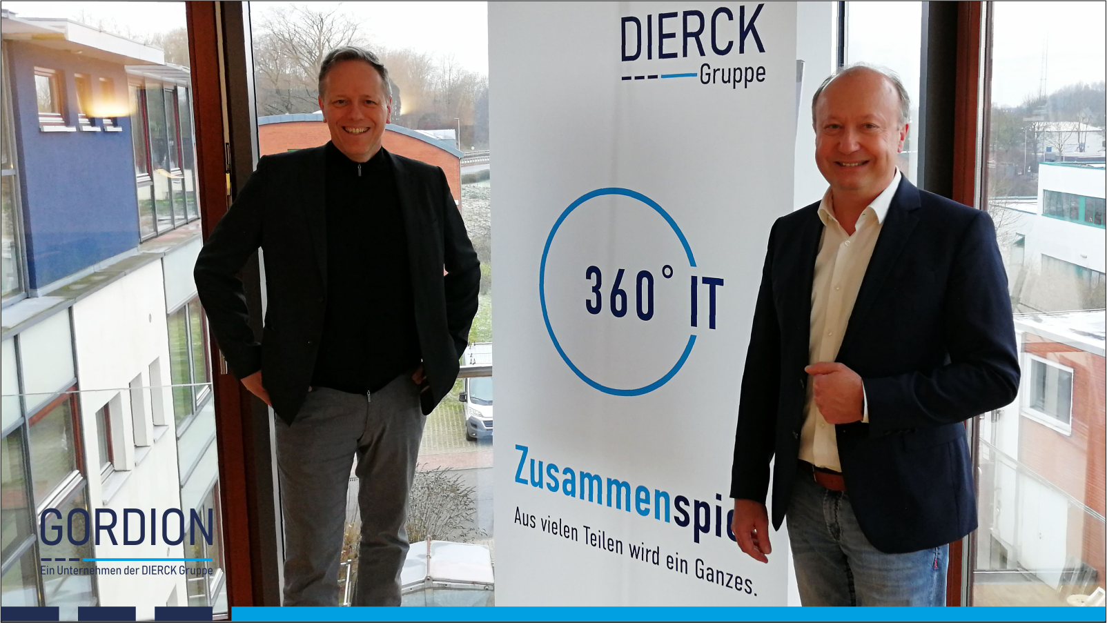 GORDION ist seit 1.1.2022 Teil der DIERCK Gruppe. Die Geschäftsführer Wolfgang Ehrk (DIERCK-Gruppe) und Oliver Lindlar (GORDION, links) freuen sich über den Zusammenschluss.